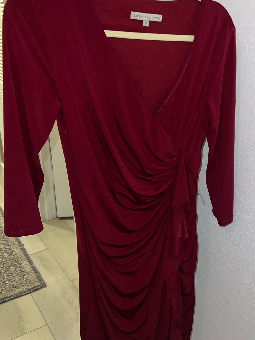 Kimi and Kai Wine Red Ruched Wrap Midi Dress